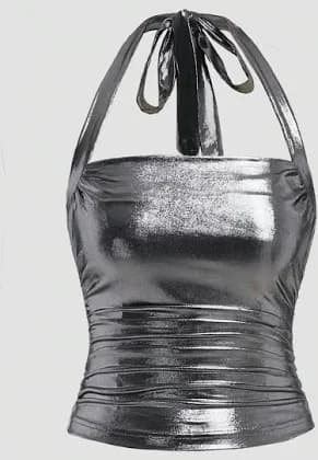 Metallic silver halter top, part of the Cybernetic Siren Ensemble