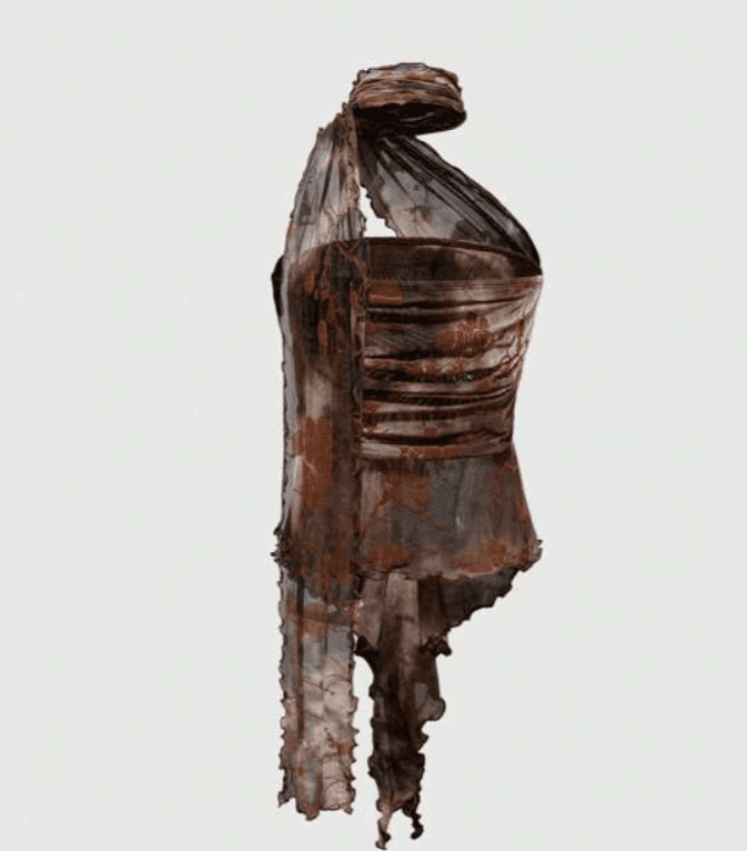 Distressed halter top and metallic biotech pants, part of the Cyber-Grunge Ensemble - Image 1