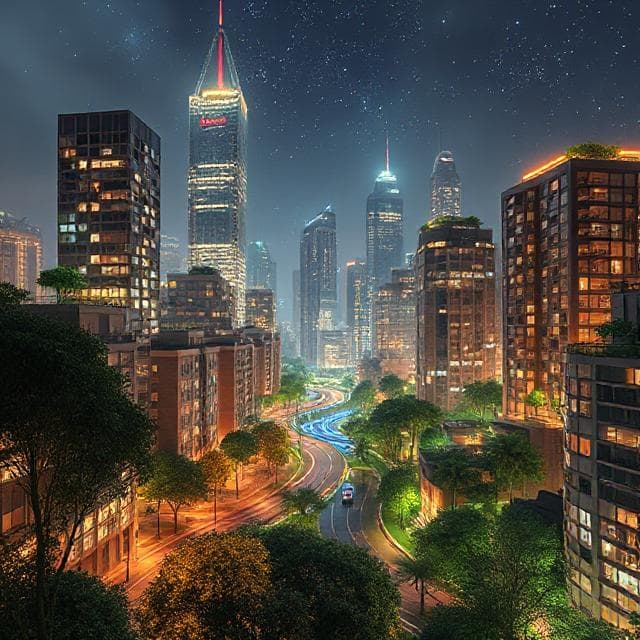 Sustainable city of the future with green architecture, renewable energy systems and eco-friendly transportation