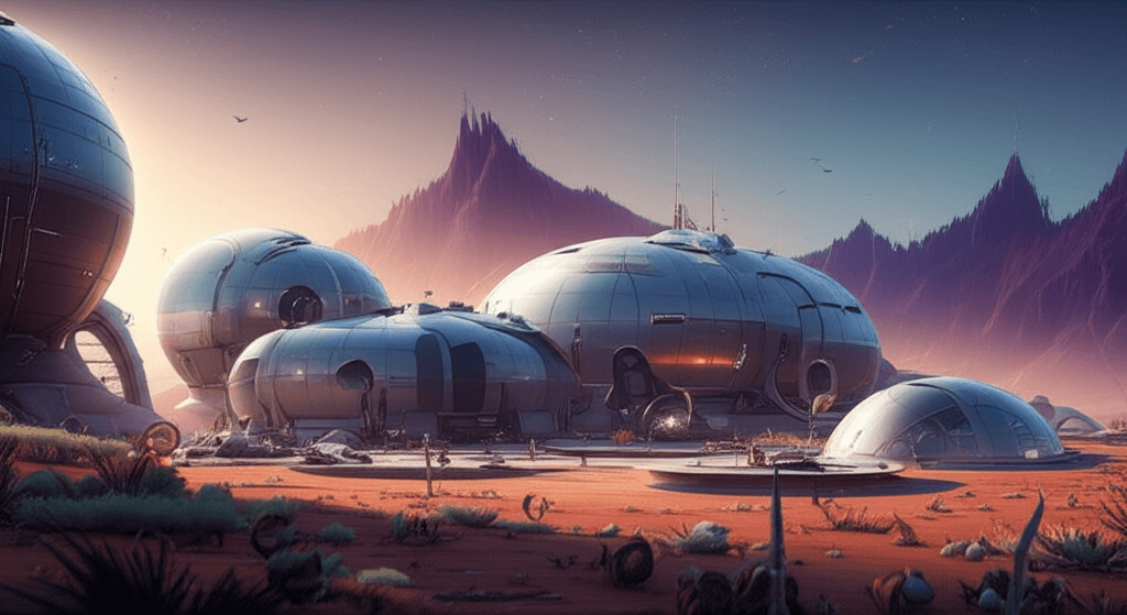 Futuristic space colony with advanced architecture and technology representing the Y3K era